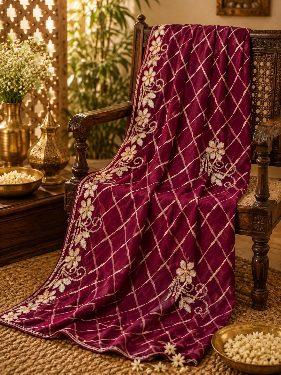Wine Organza Saree with Pearl Floral Border
