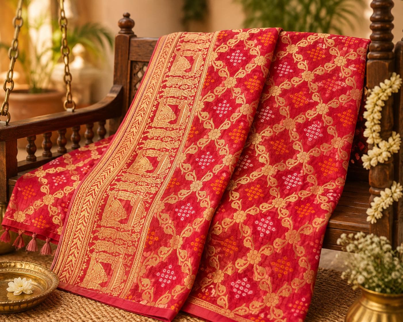 Crimson Banarasi Bandhej Silk Saree