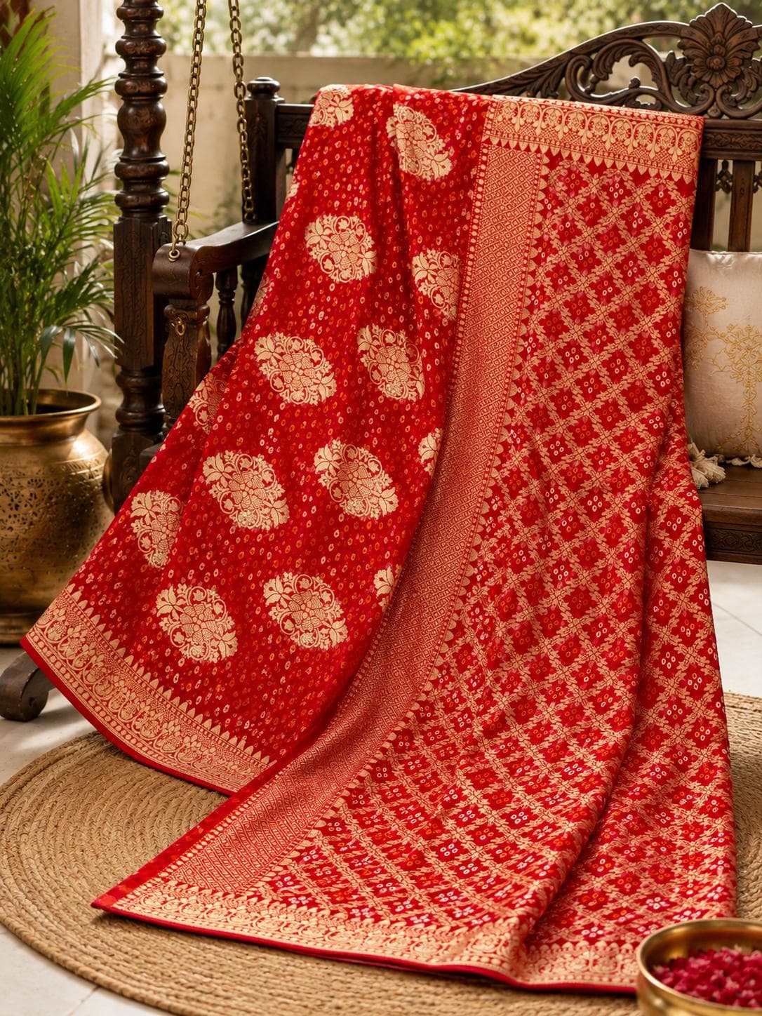 Rose Red Banarasi Georgette Bandhani Saree