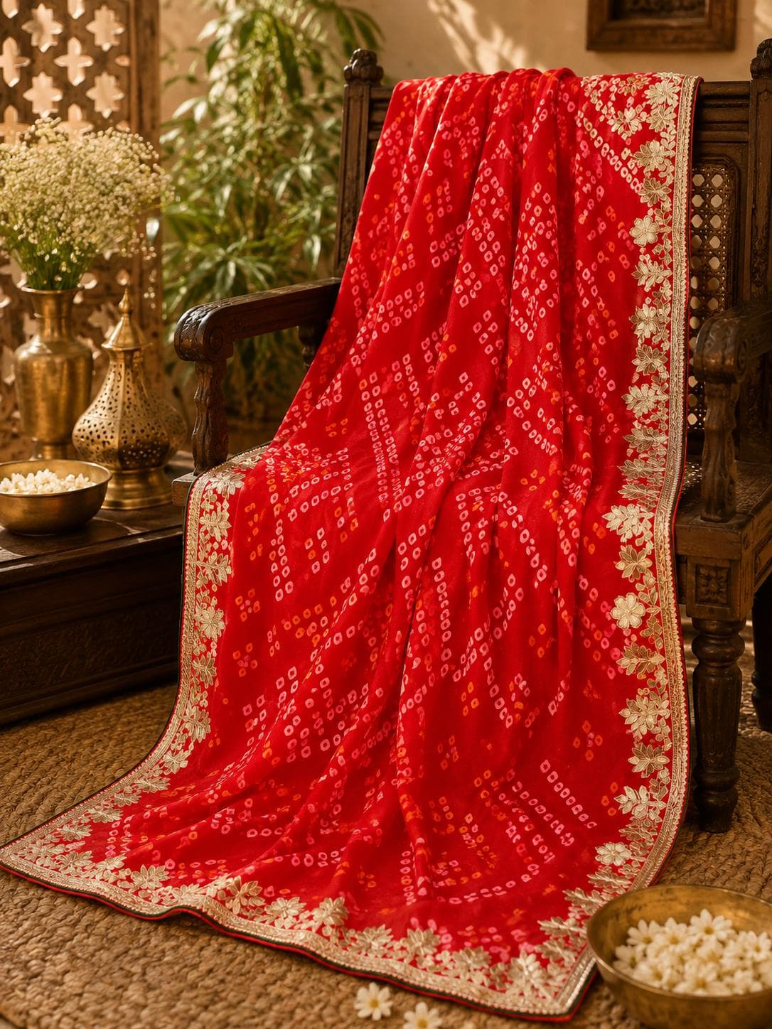 Scarlet Bandhani Saree with Gota Floral Border
