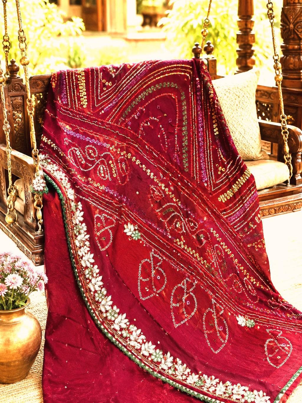 Maroon Bandhani Saree with Sequin Work