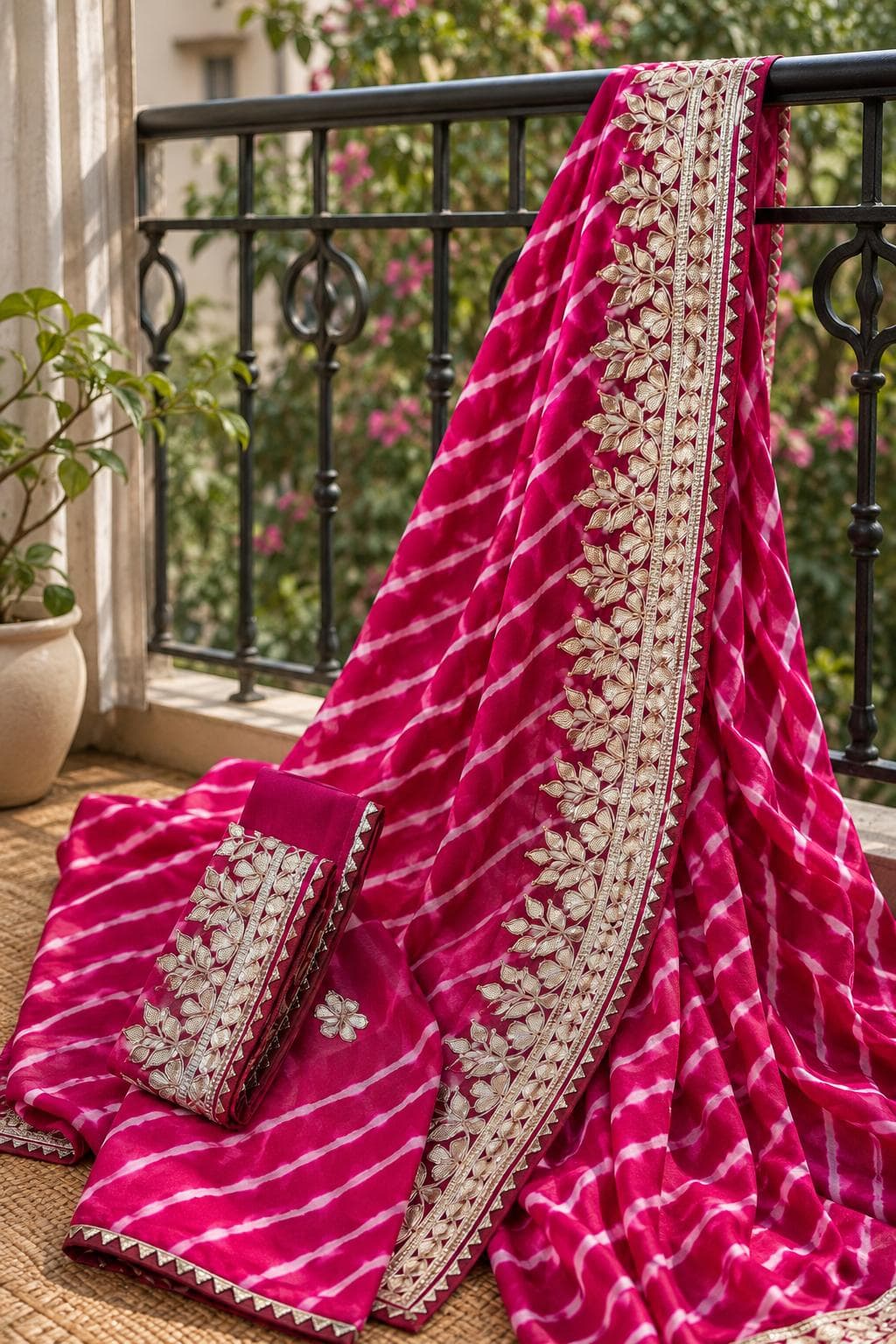 Rani Pink Leheriya Organza Saree