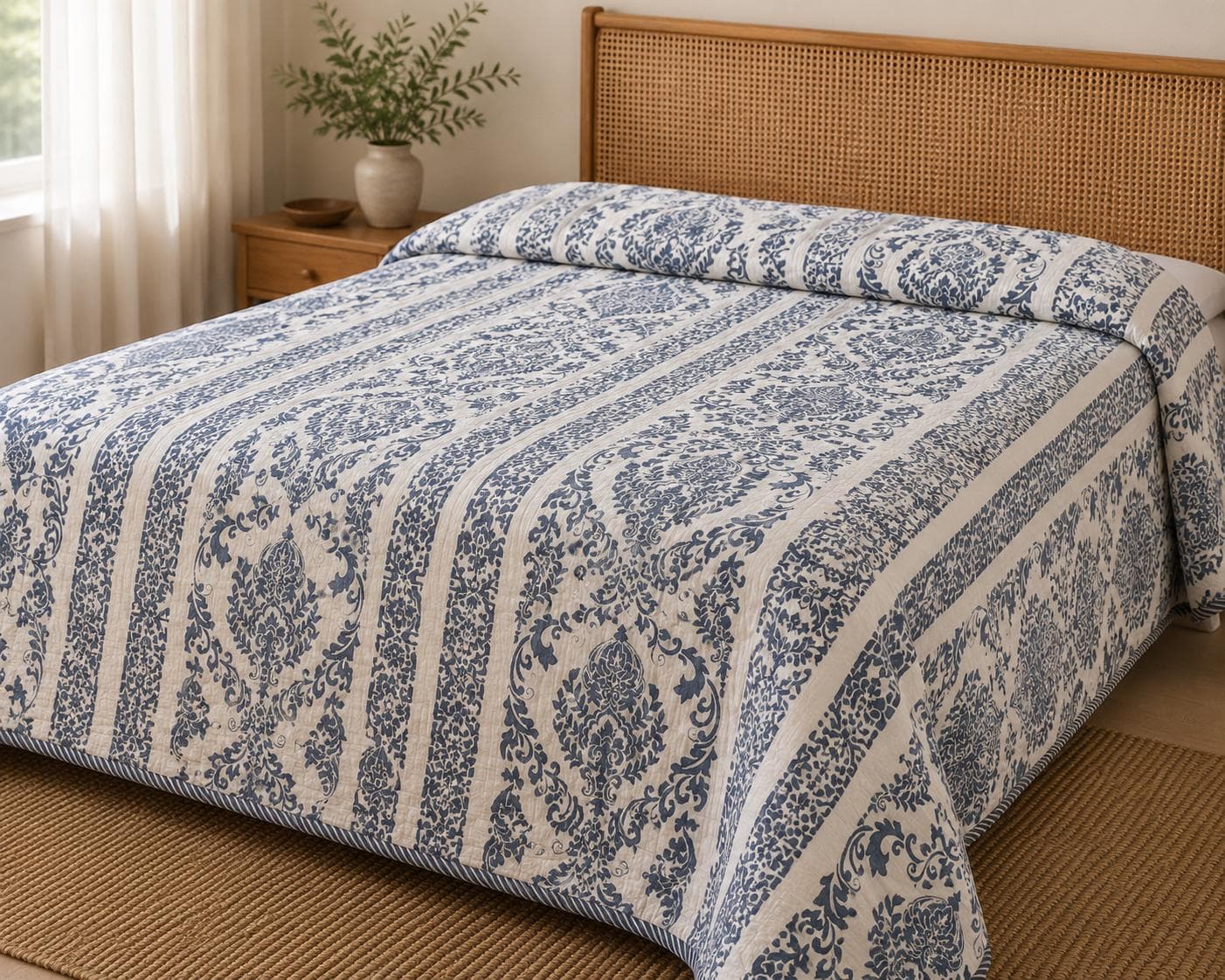 Indigo Damask Quilted Bedcover