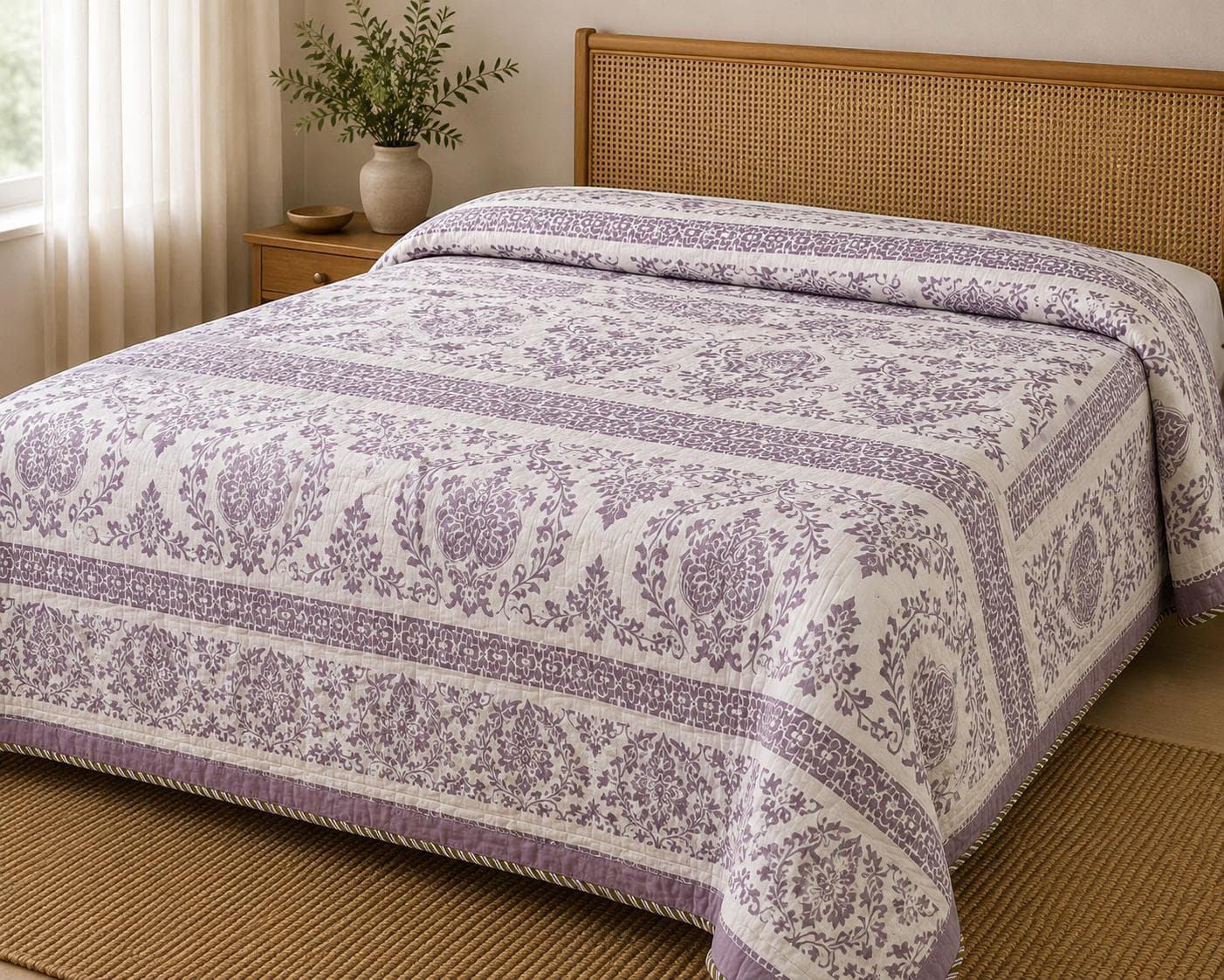 Lilac Damask Quilted Bedcover