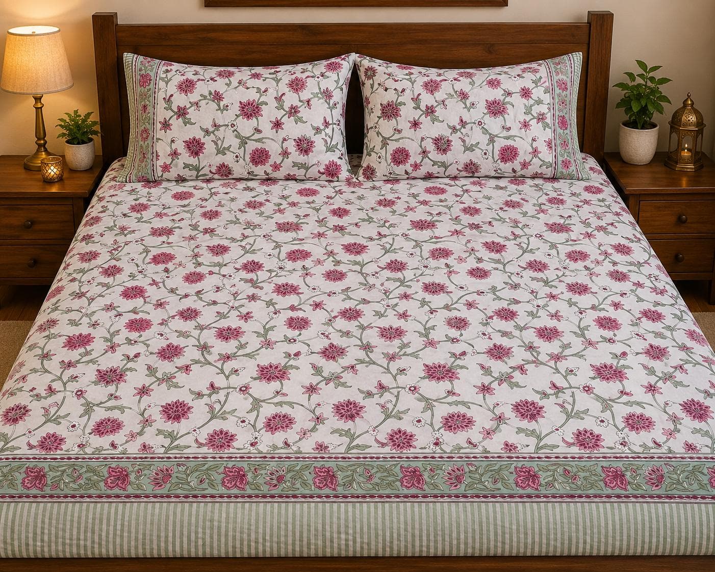Rose Jaal Block Print Bedsheet