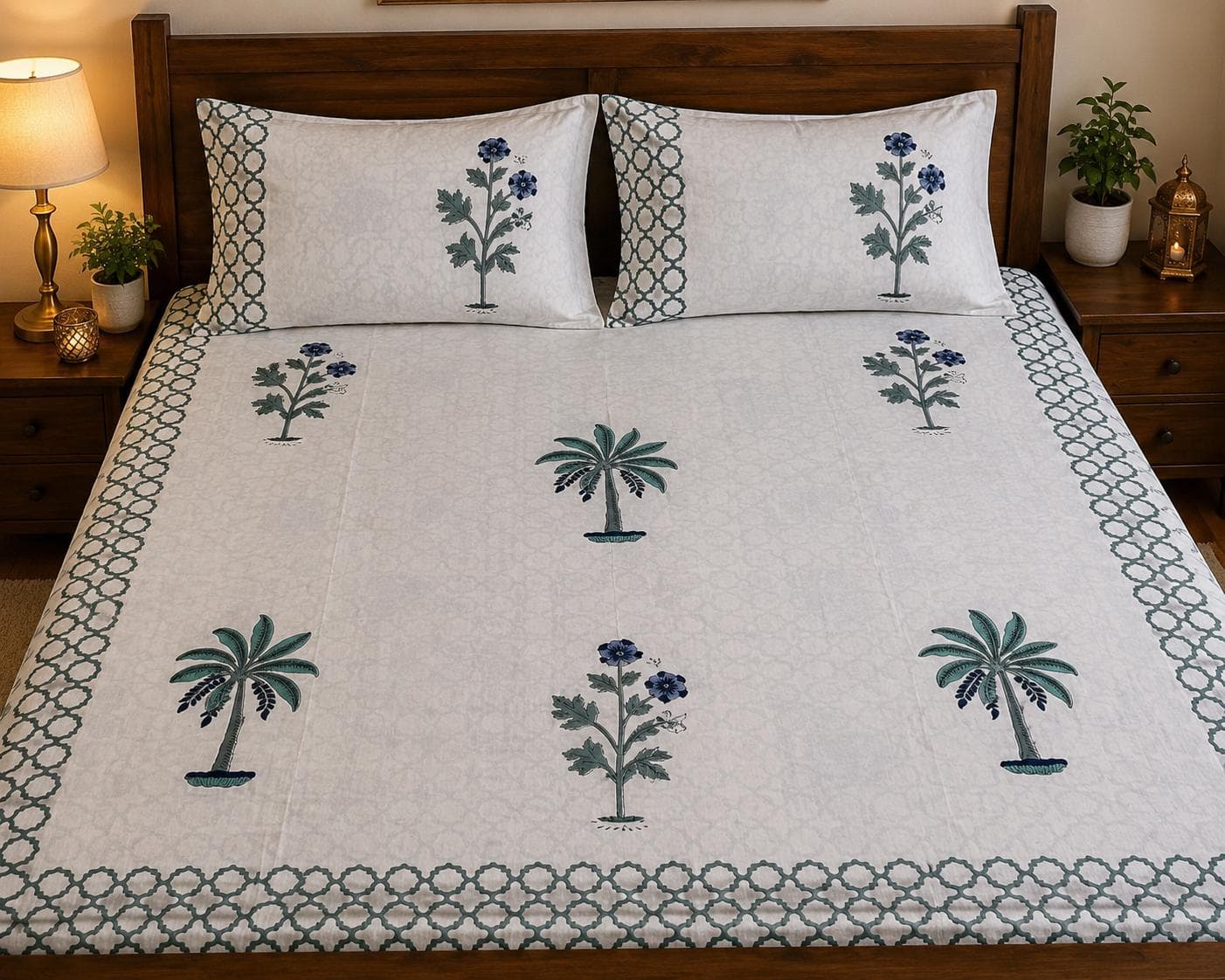 Indigo Palm Block Print Bedsheet