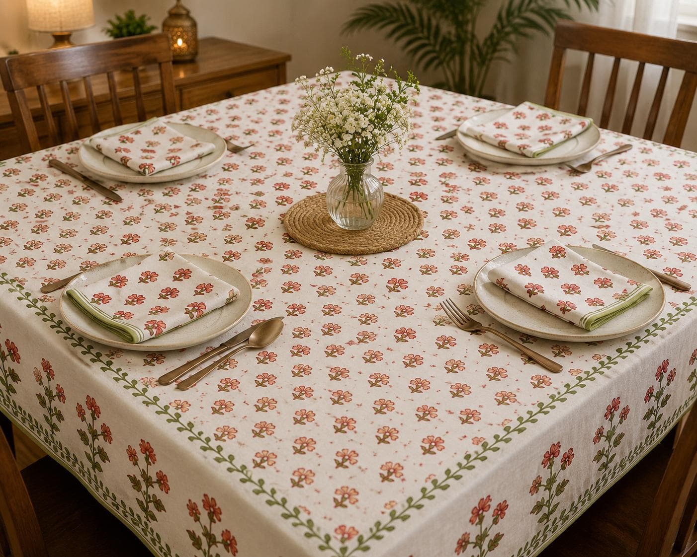 Coral Buti Table Cover with Napkins